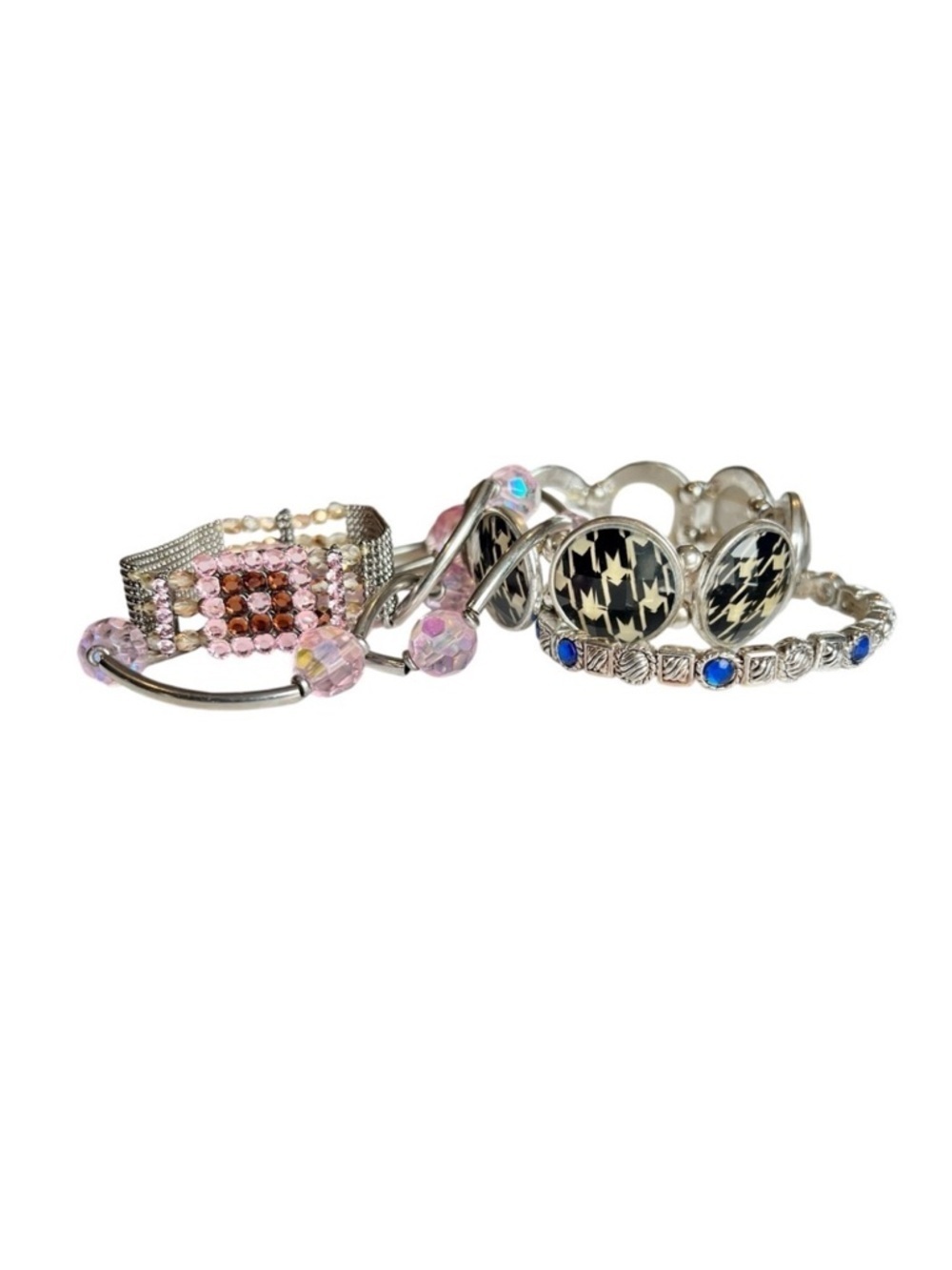 Mixed Lot of Stretch Costume Bracelets Silvertone Pink Blue Houndstooth Eclectic